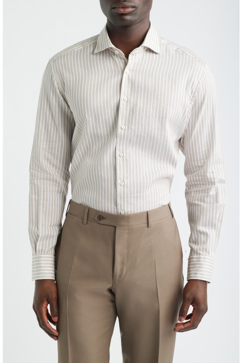 Slim Fit Stripe Non-Iron Cotton & Linen Dress Shirt, Main, color, BEIGE