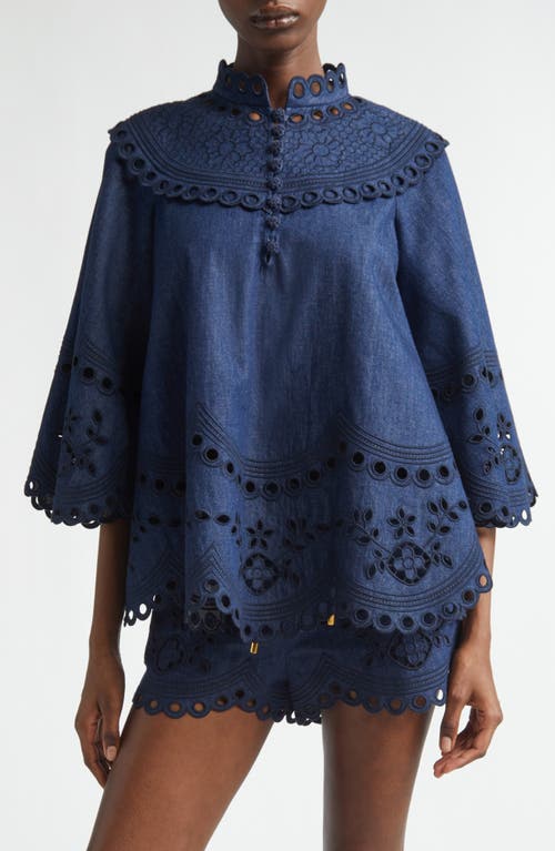 Zimmermann Mahon Broderie Anglaise Denim Cape Top in Ink at Nordstrom, Size 2