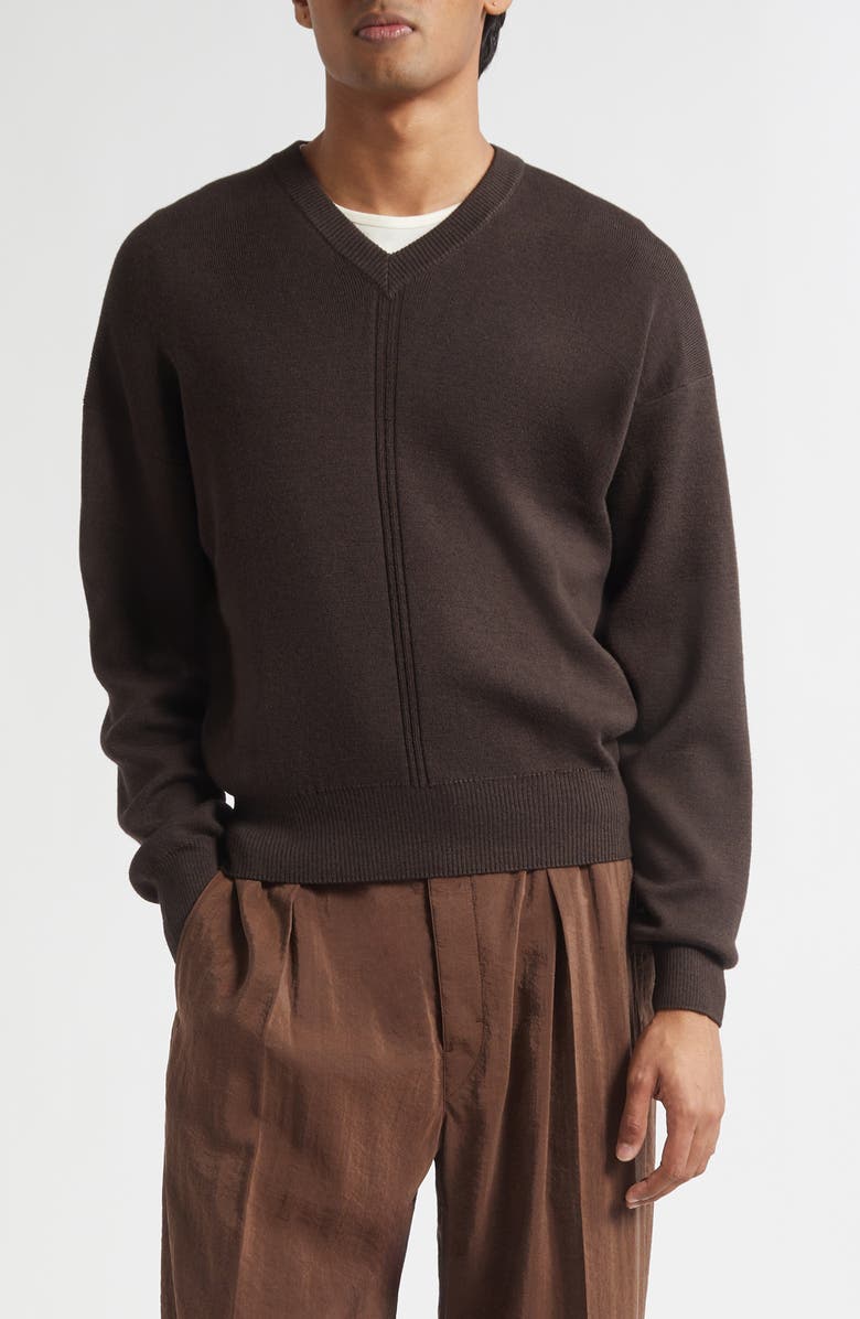 Lemaire Merino Wool Blend V-Neck Sweater, Main, color, Dark Cacao