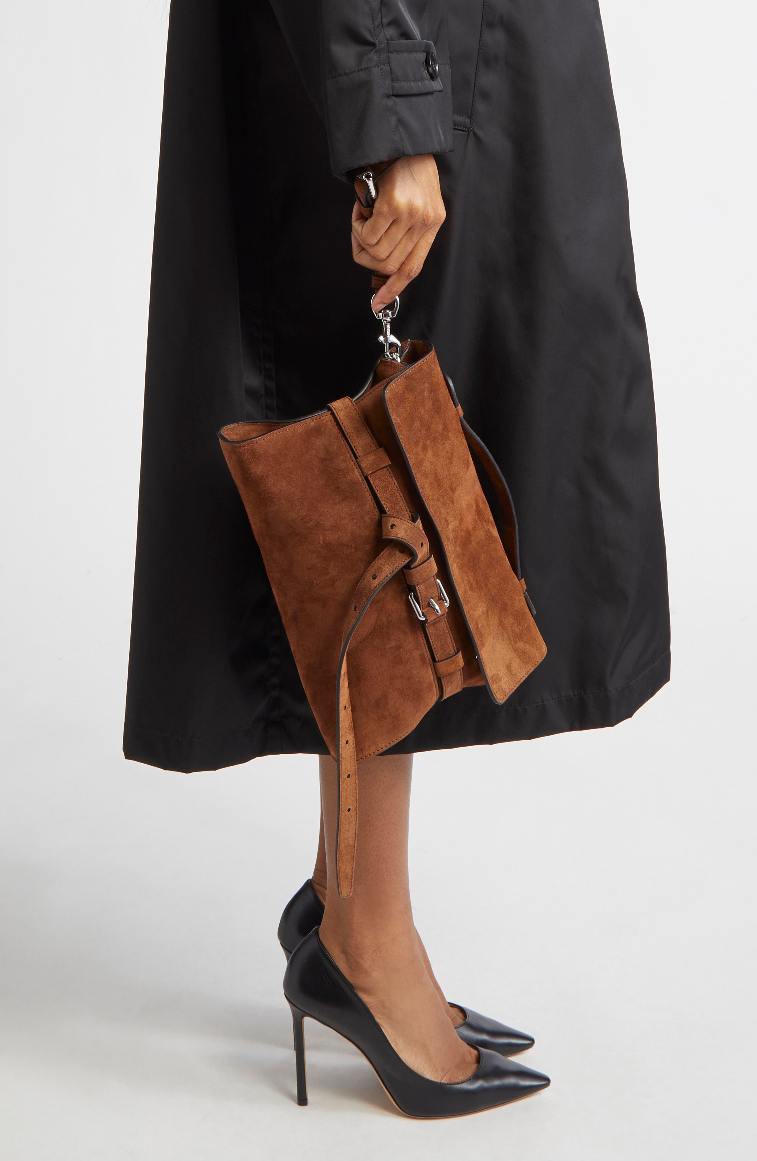 Moschino Tie Me Suede Clutch, Alternate, color, Brown