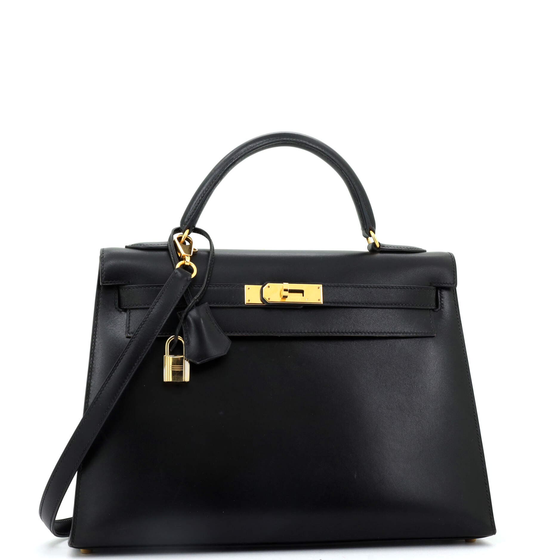 Pre-Owned Hermes Kelly Handbag Black Box Calf with Gold Hardware 32, Alternate, color, 