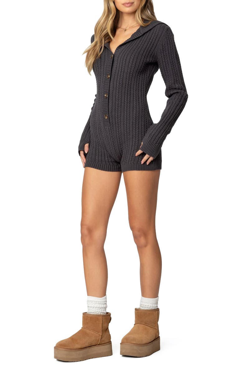 EDIKTED Hooded Cable Knit Romper, Alternate, color, Dark-Gray