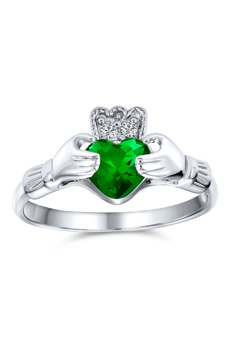BFF Rhodium Plated Sterling Silver CZ Irish Celtic Claddagh Ring, Main, color, GREEN