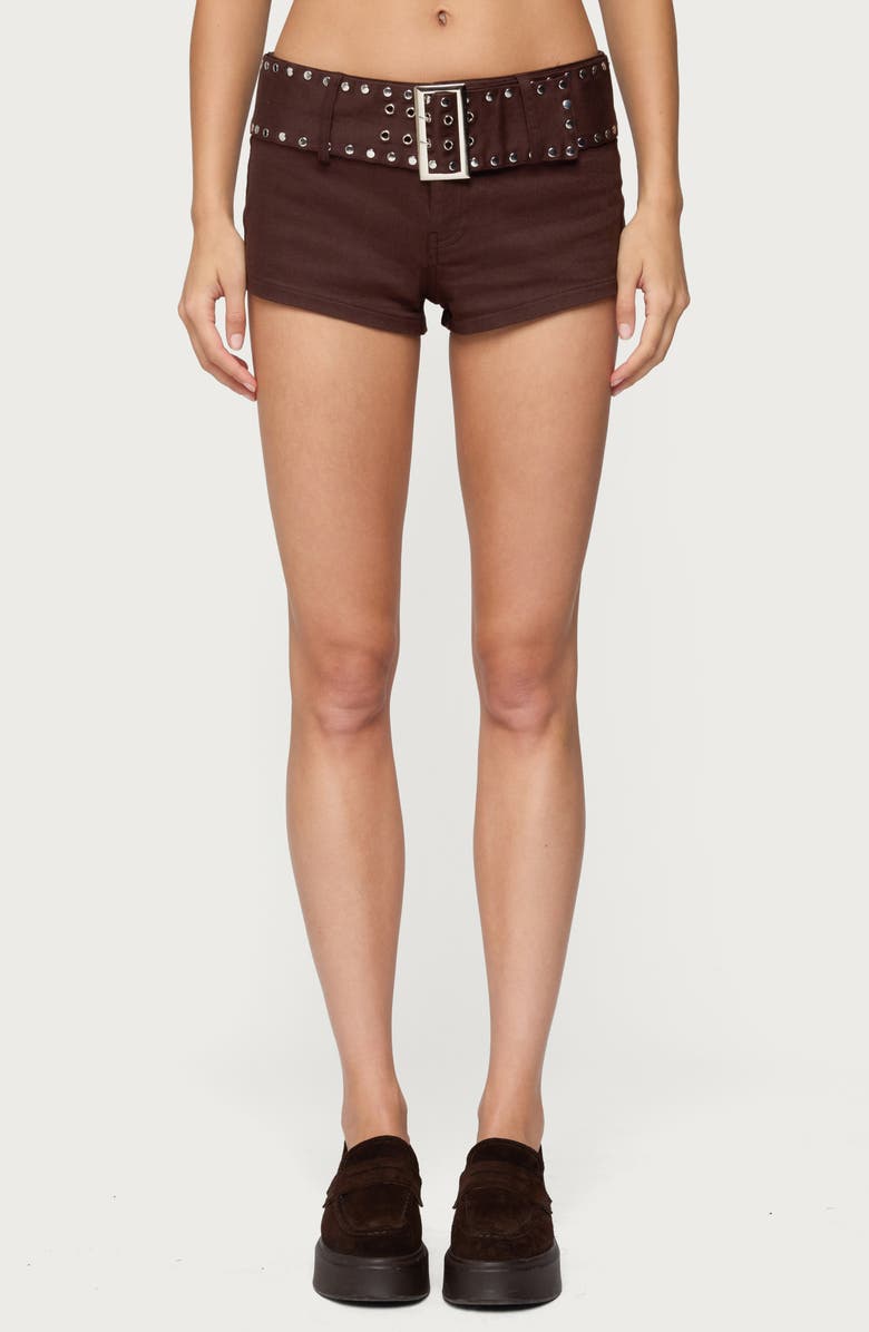 EDIKTED Studded Belt Denim Micro Shorts, Main, color, Dark-Brown