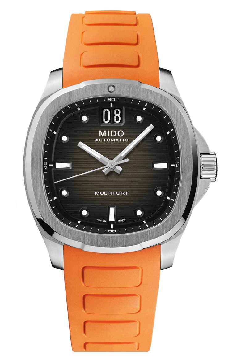 Multifort Square Automatic Rubber Strap Watch, 40mm, Main, color, GREY