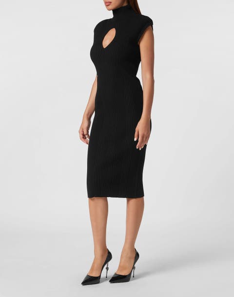 High Neck Cutout Ribbed Midi Knit Dress Women