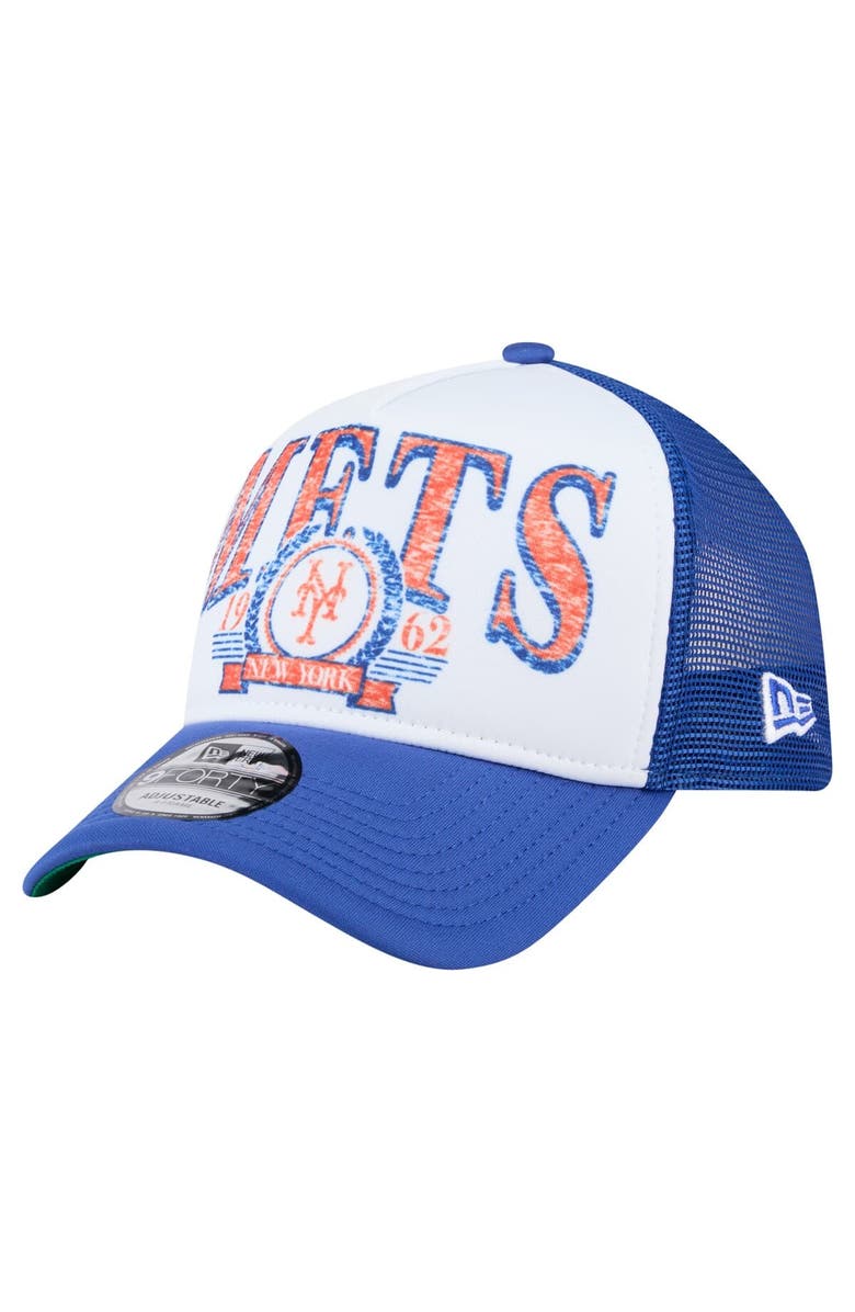 New Era Men's New Era White New York Mets Distressed 9FORTY A-Frame Adjustable Trucker Hat, Main, color, White