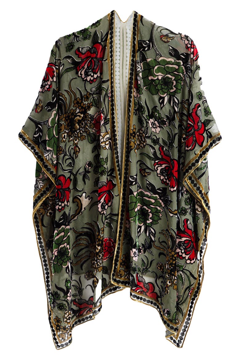 Floral Velvet Burnout Ruana, Alternate, color, GREEN