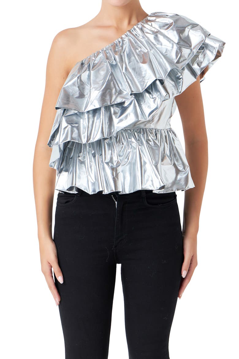 Metallic Tiered One-Shoulder Peplum Top, Alternate, color, SILVER