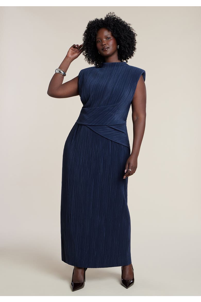 Draped Bodice Plisse Maxi Dress, Main, color, NAVY