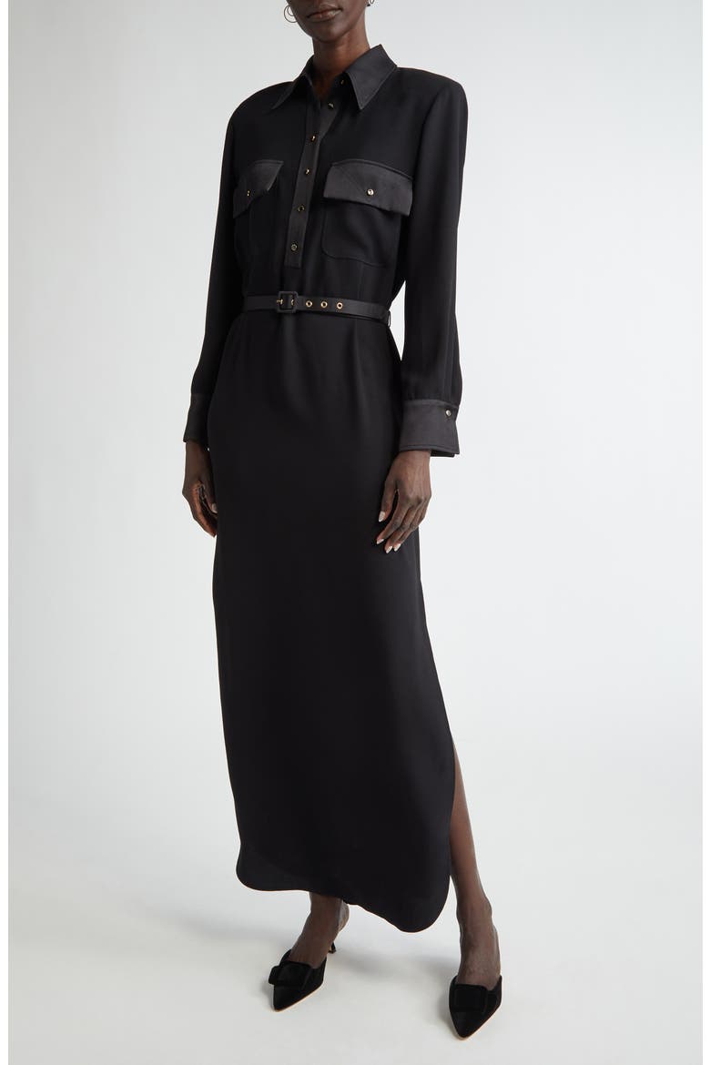 Long Sleeve Satin Back Crepe Shirtdress, Main, color, BLACK