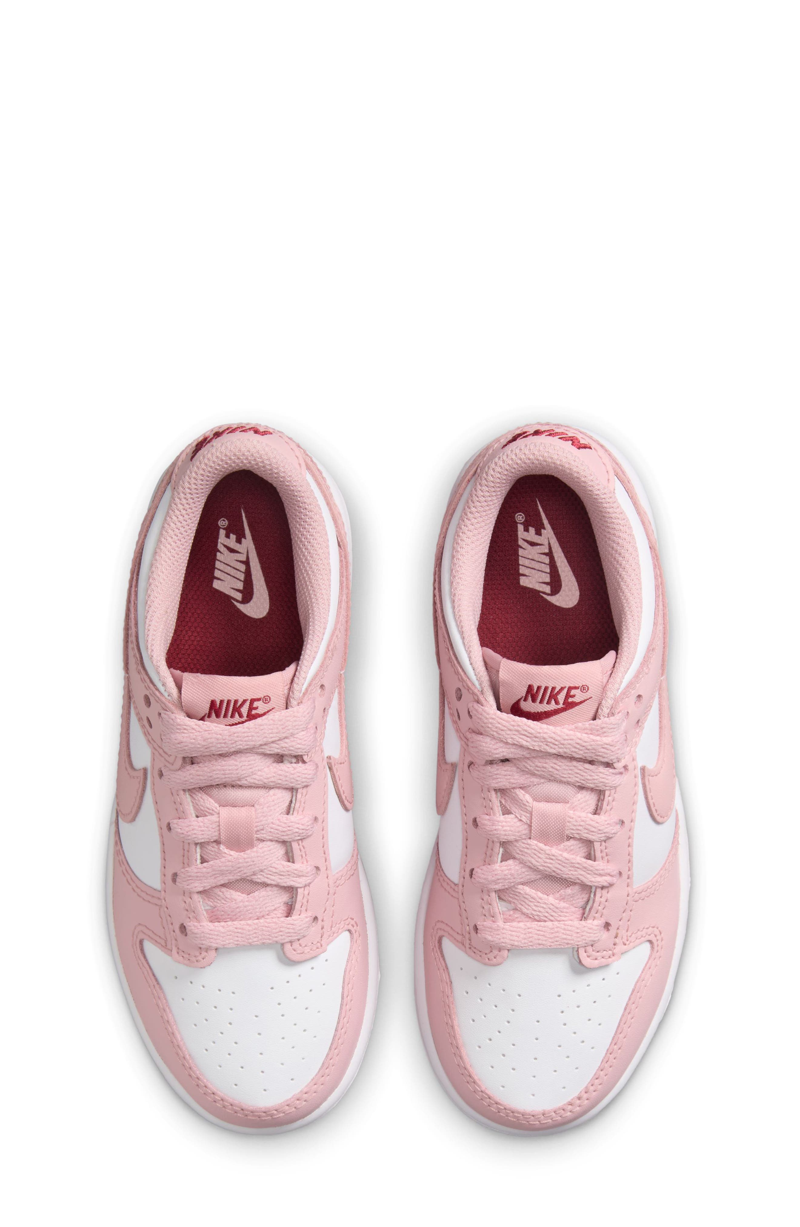 Nike Kids' Dunk Low Basketball Sneaker, Alternate, color, White/ Pink Glaze/ Pomegranate
