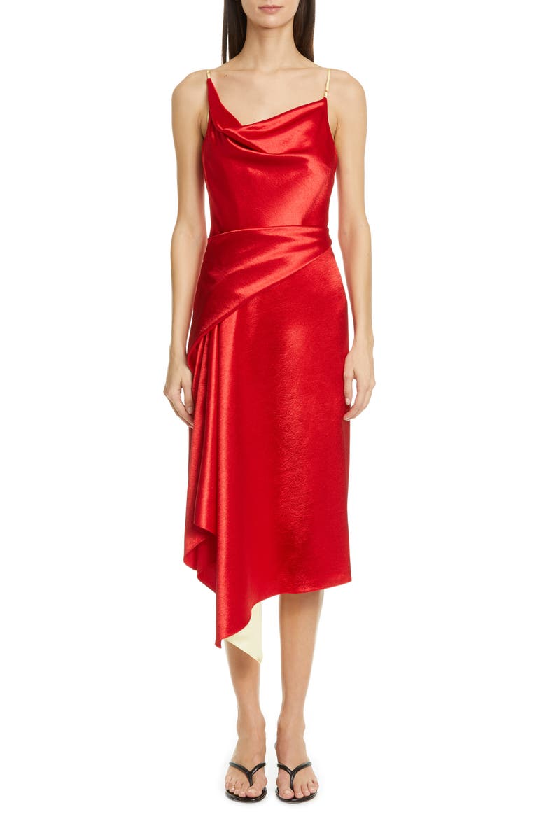 Farrah Drape Satin Midi Dress, Main, color, RED LIPSTICK