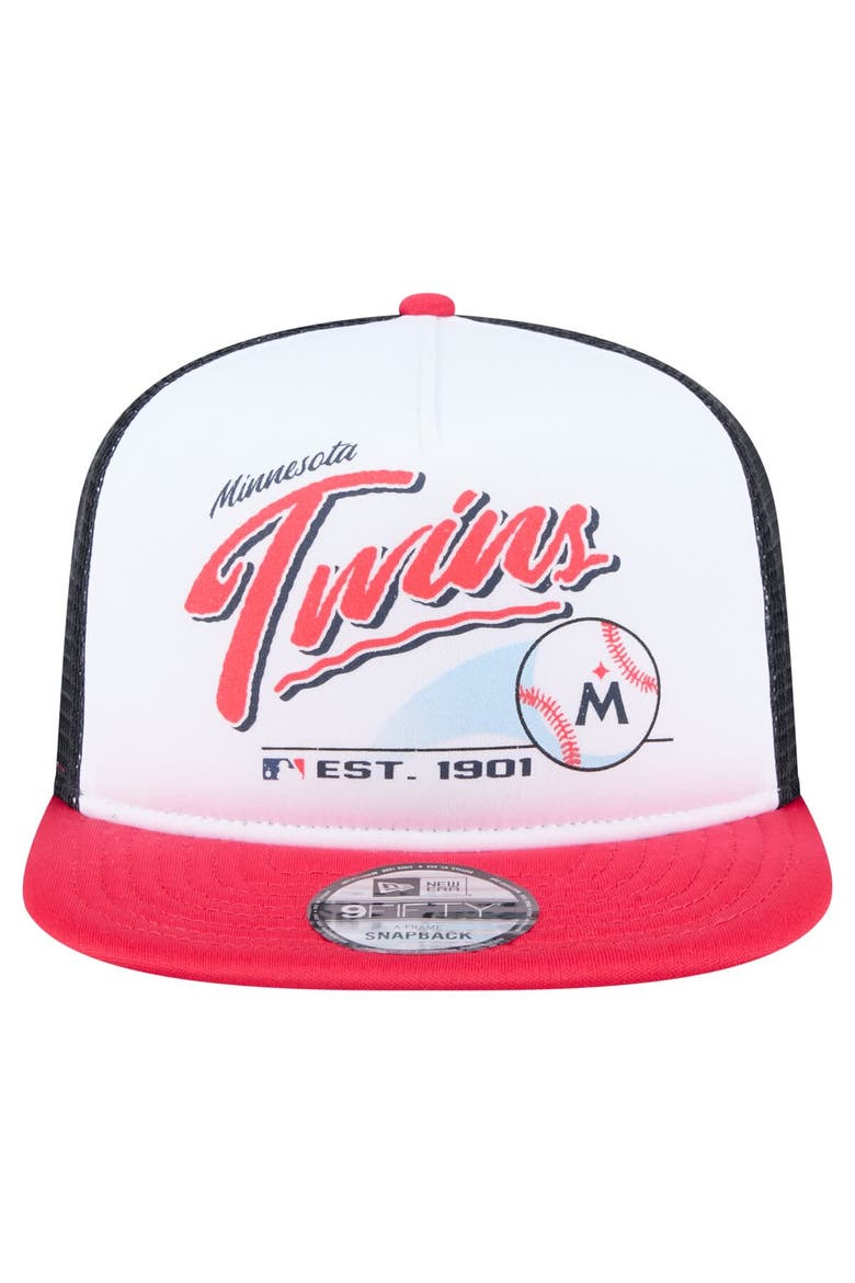 Men's New Era White/Red Minnesota Twins Retro Script Trucker 9FIFTY Snapback Hat, Alternate, color, White