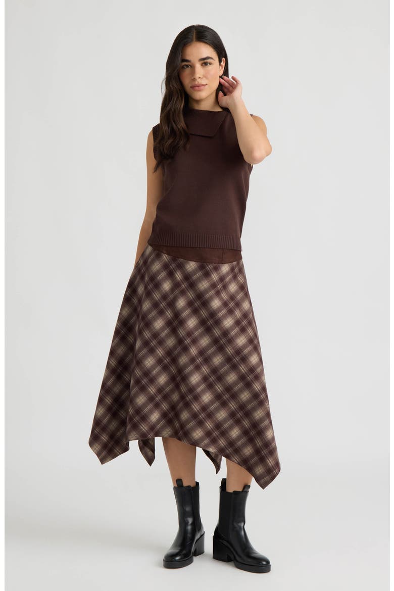 Plaid Handkerchief Hem Midi Skirt, Alternate, color, BROWN PLAID