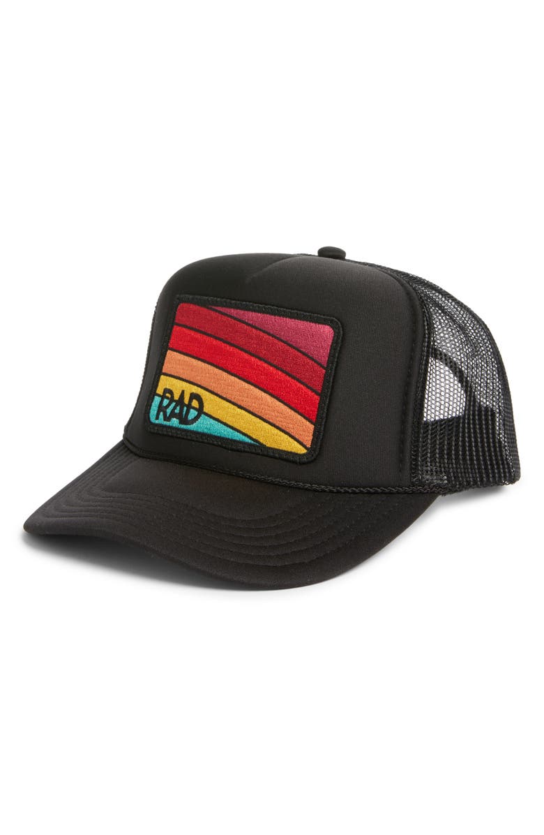 Friday Feelin’ Rad Rainbow Patch Trucker Hat, Main, color, Black