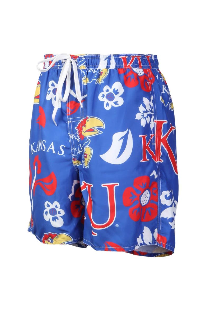 Men's Wes & Willy Royal Kansas Jayhawks Floral Volley Logo Swim Trunks, Alternate, color, Royal