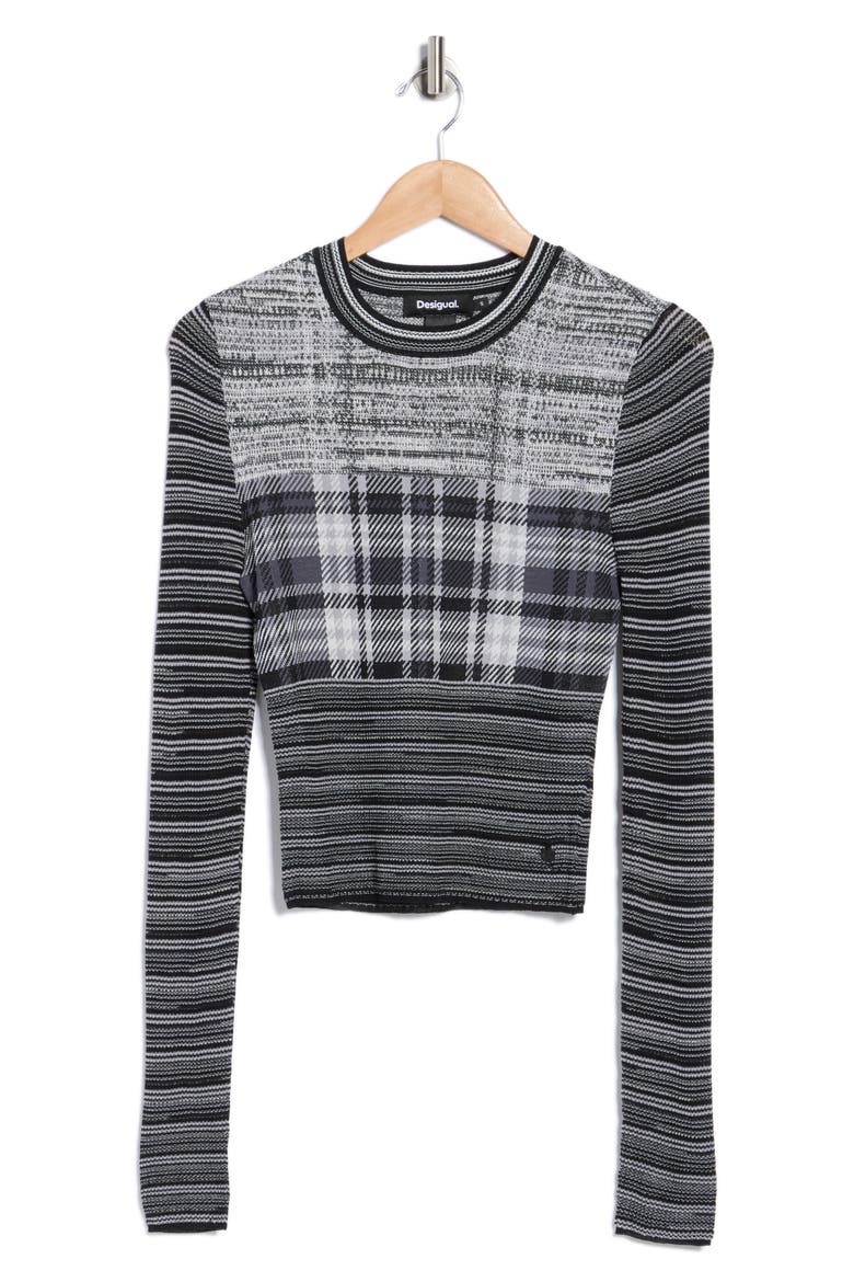 Mixed Stripe Long Sleeve Crop Top, Alternate, color, BLACK