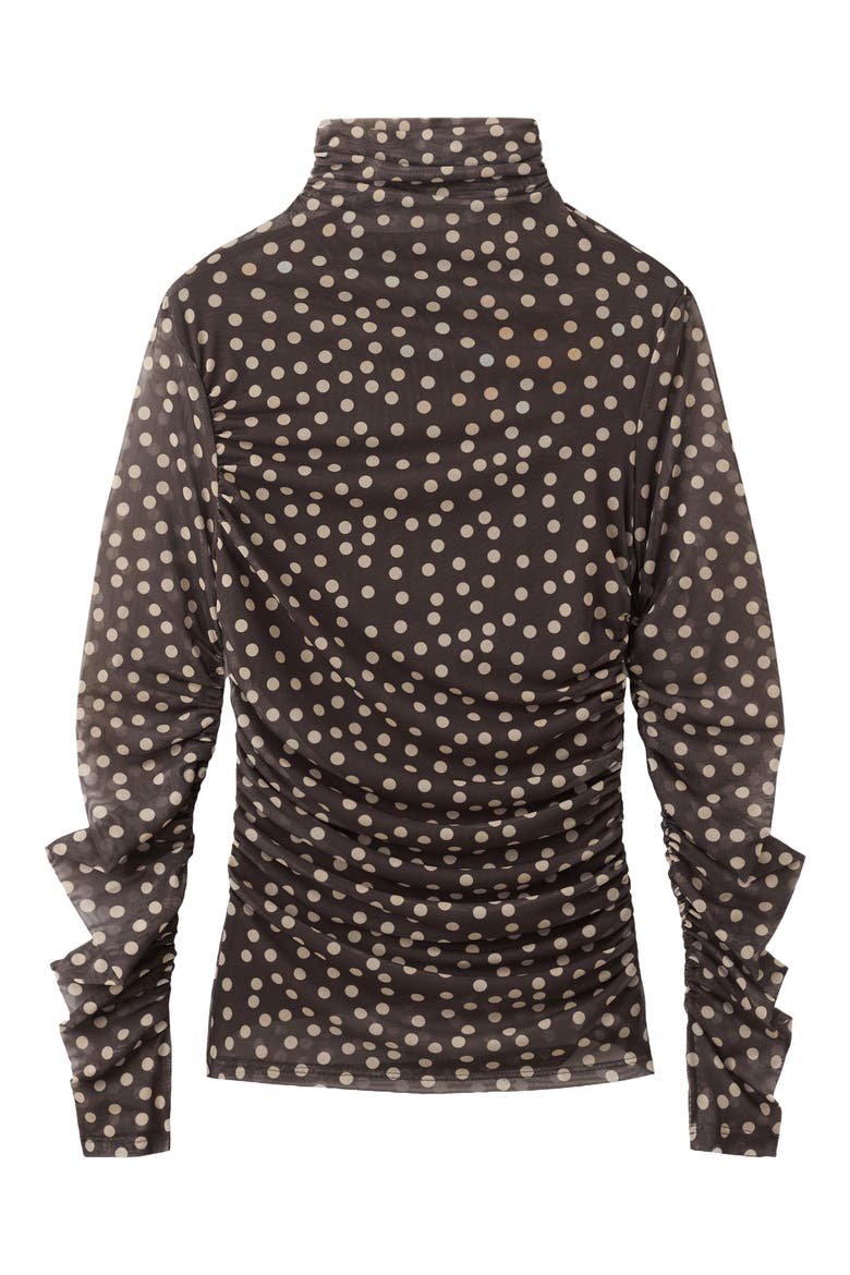 Polka Dot Ruched Turtleneck Mesh Top, Main, color, BROWN