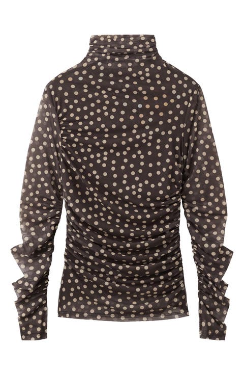 Polka Dot Ruched Turtleneck Mesh Top