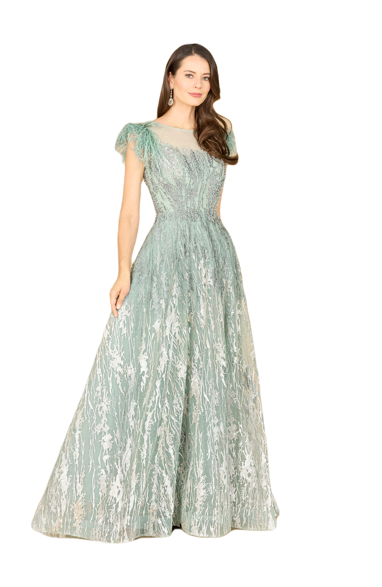 LARA New York Lace ballgown with Feather Cap Sleeves, Main, color, Sage