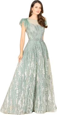 LARA New York Lace ballgown with Feather Cap Sleeves