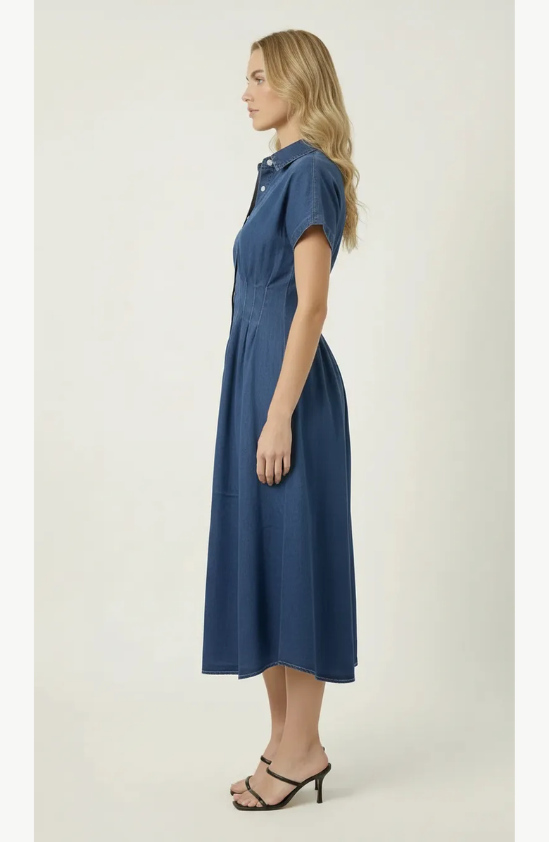 Modenaire Denim Pleated Waist Shirt Dress, Alternate, color, Medium Indigo Blue