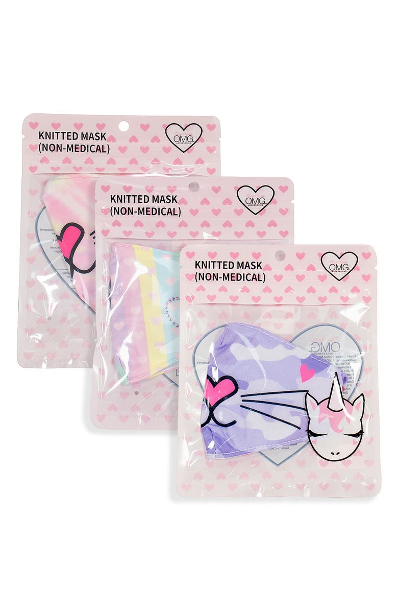 OMG Accessories Assorted 3-Pack Kids' Bella Hearts Face Masks, Alternate, color,