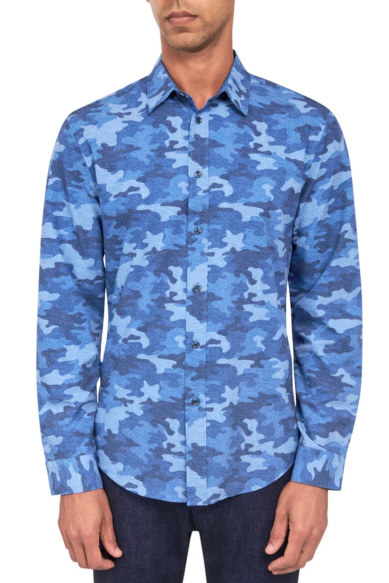 Slim Fit Denim Camo 4-Way Stretch Performance Long Sleeve Shirt, Main, color, BLUE