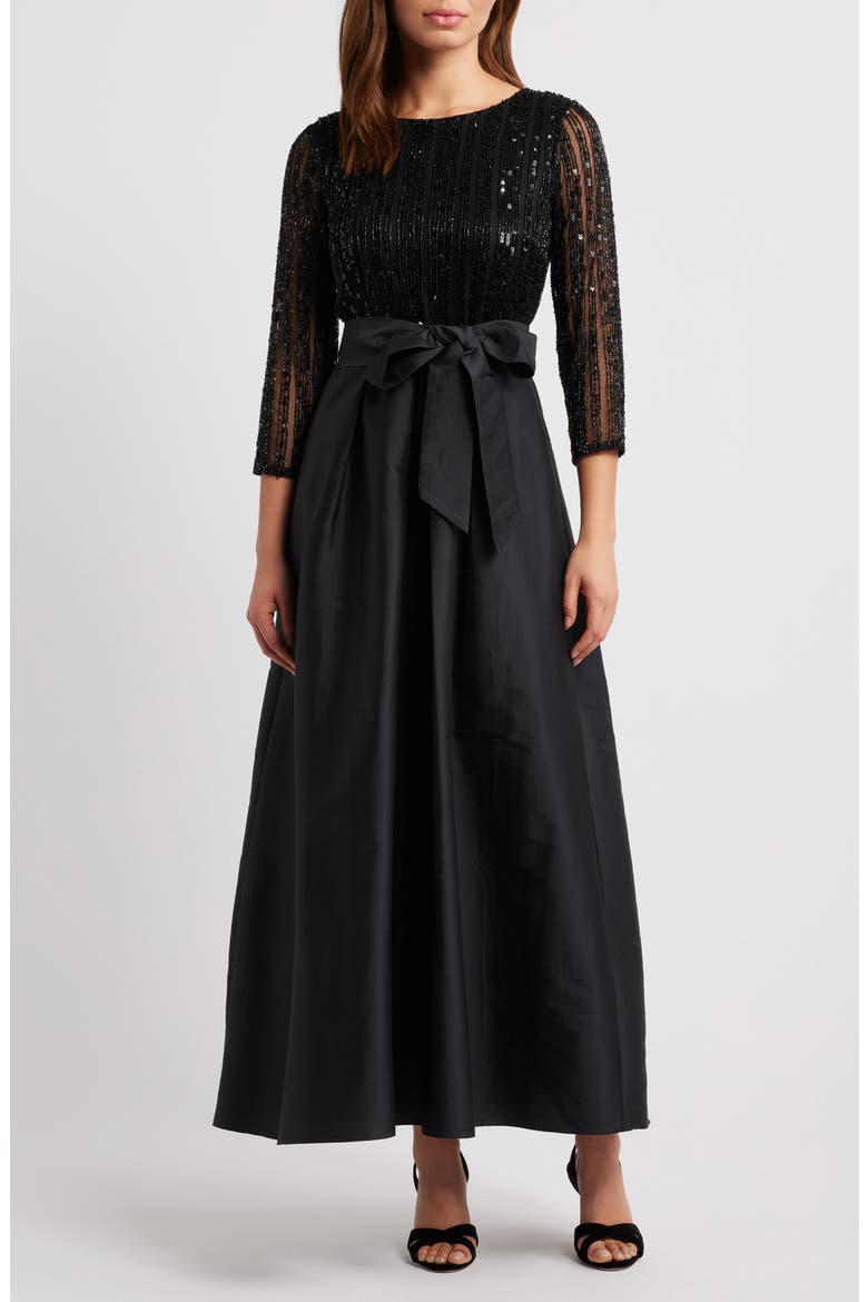 Bow Long Sleeve Sequin & Taffeta Gown, Main, color, BLACK