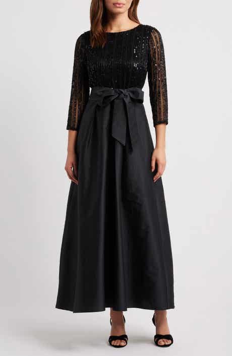 Pisarro Nights Bow Long Sleeve Sequin & Taffeta Gown