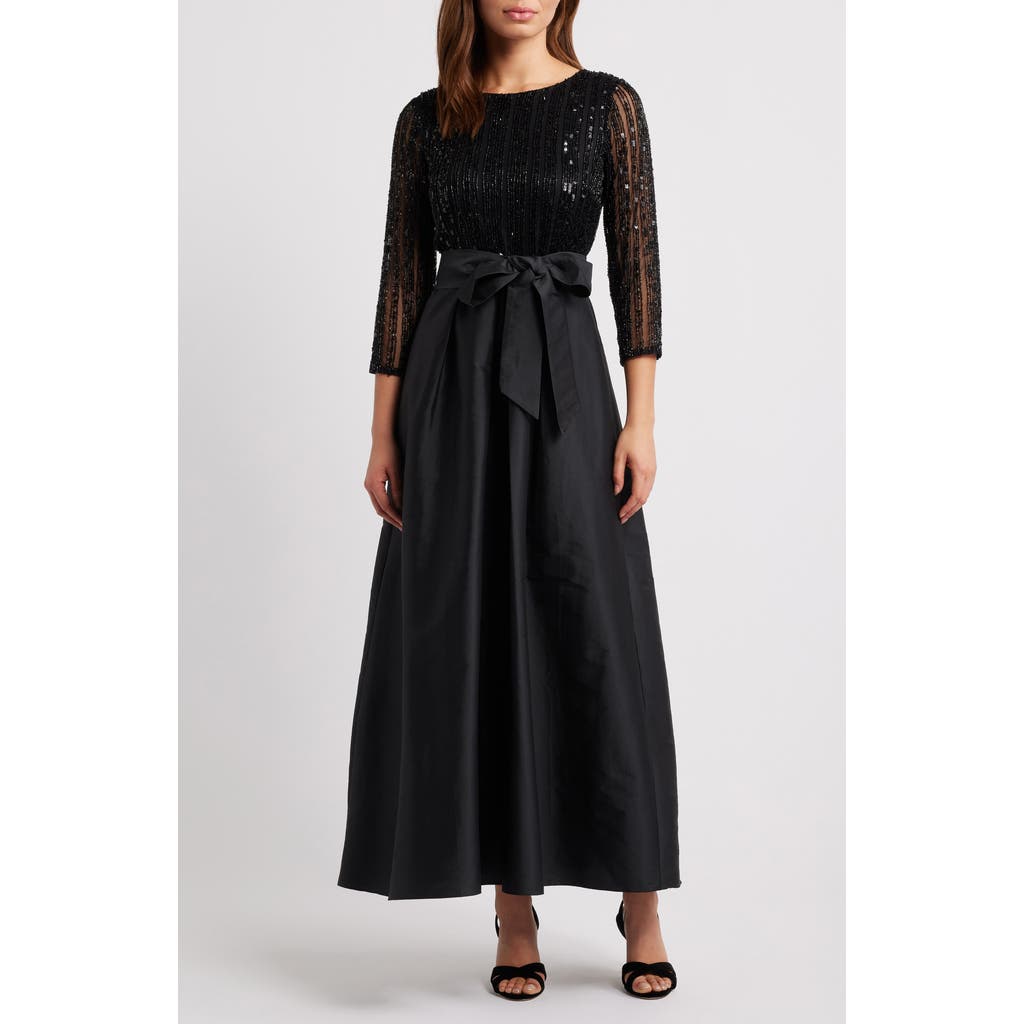 Pisarro Nights Bow Long Sleeve Sequin & Taffeta Gown In Black