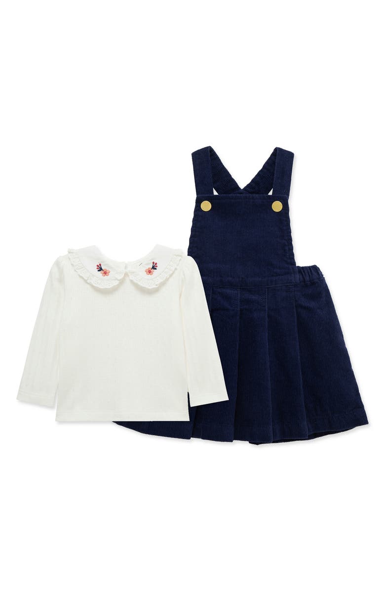 Little Me Collared Shirt & Pleated Skirted Overalls Set, Alternate, color, Blue/ White