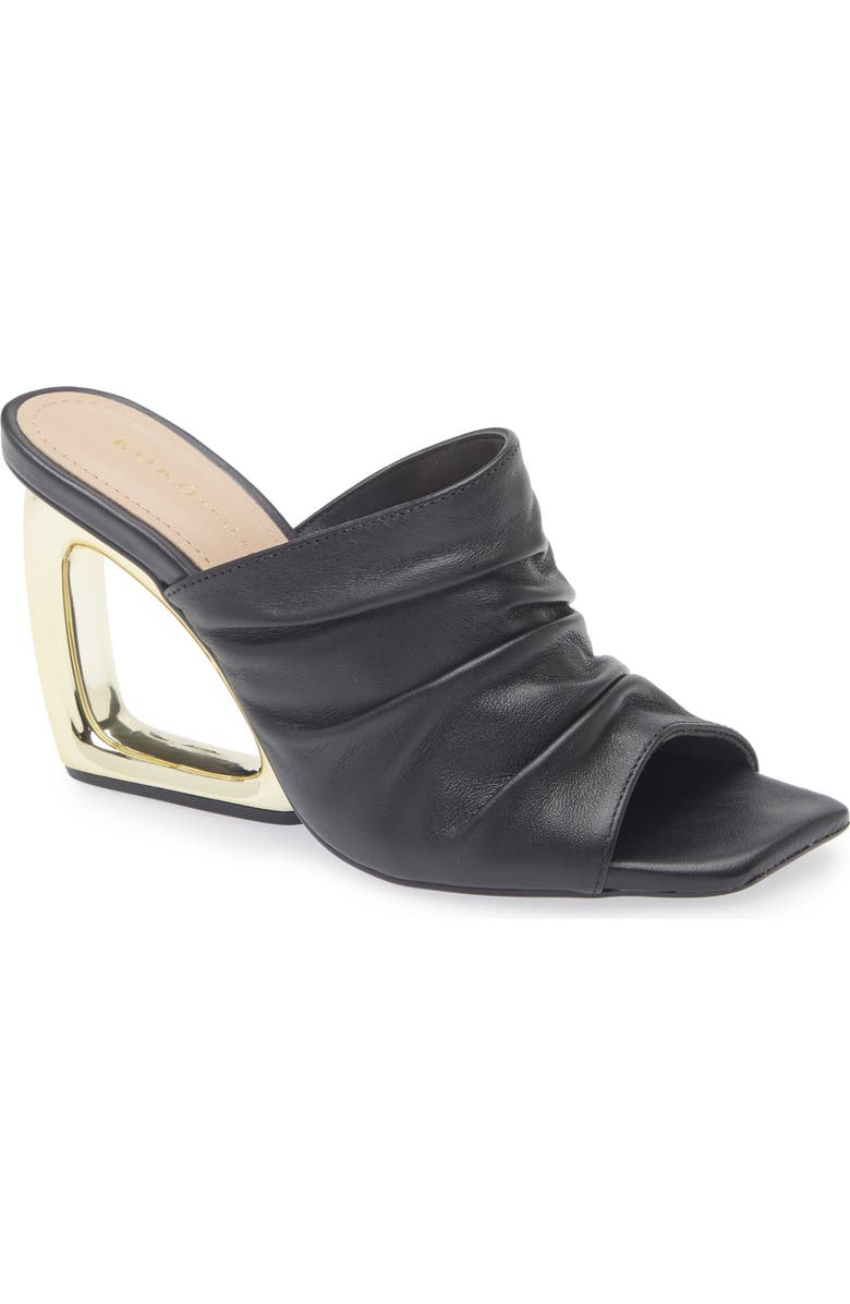 KOKO + PALENKI Ruched Wedge Sandal, Main, color, Black Leather