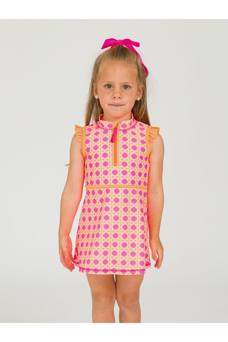 Girls Sleeveless Zip Ruffle Sleeve UPF50+ Active Dress, Alternate, color, Neon Sherbet Cane