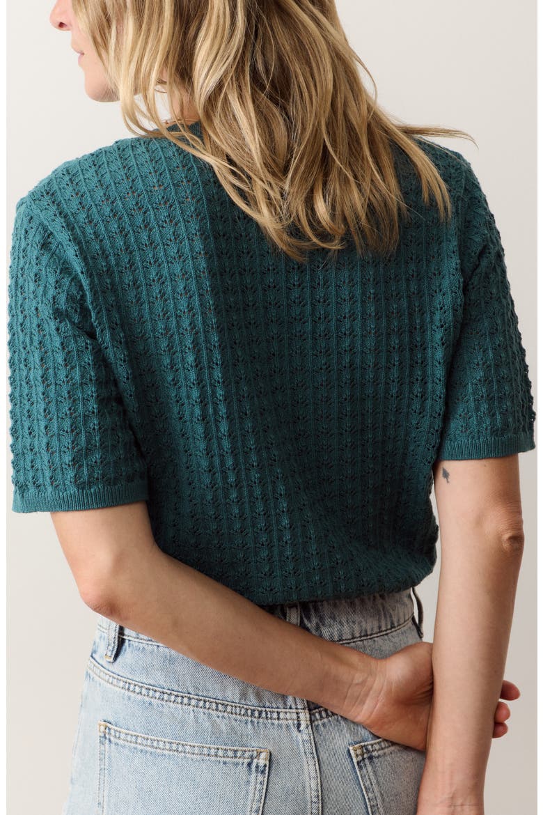 Lucia Pointelle Stitch Short Sleeve Cotton Blend Cardigan, Alternate, color, MEDITERRANEA