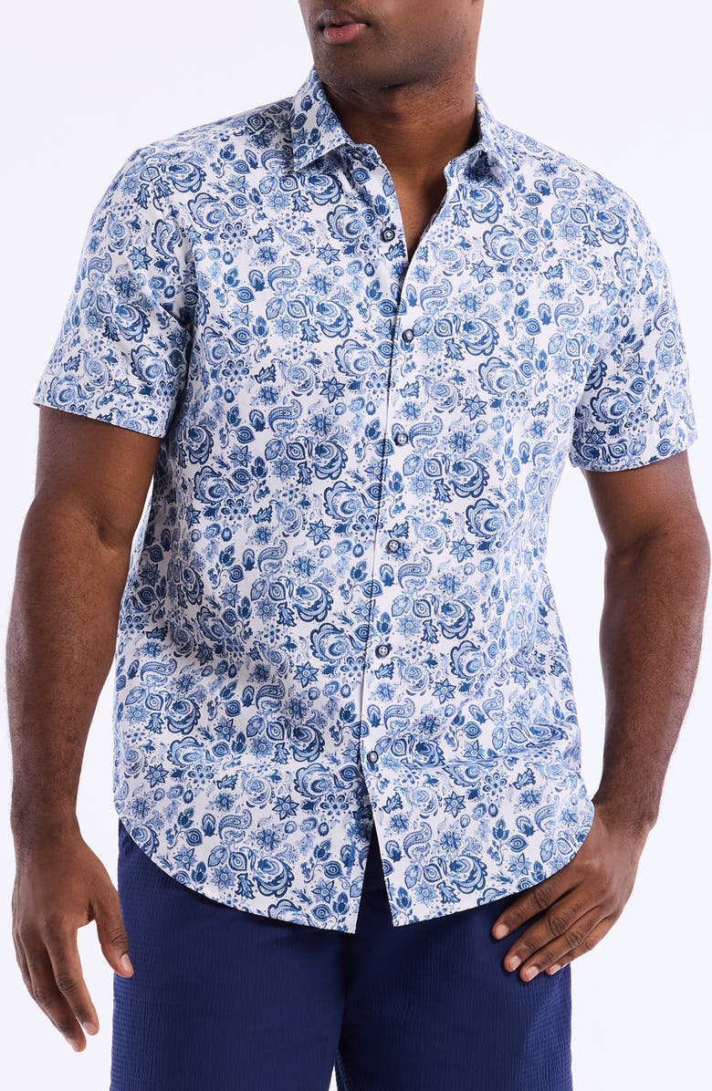 Robert Graham Lamton Short Sleeve Cotton Button-Up Shirt, Main, color, Blue