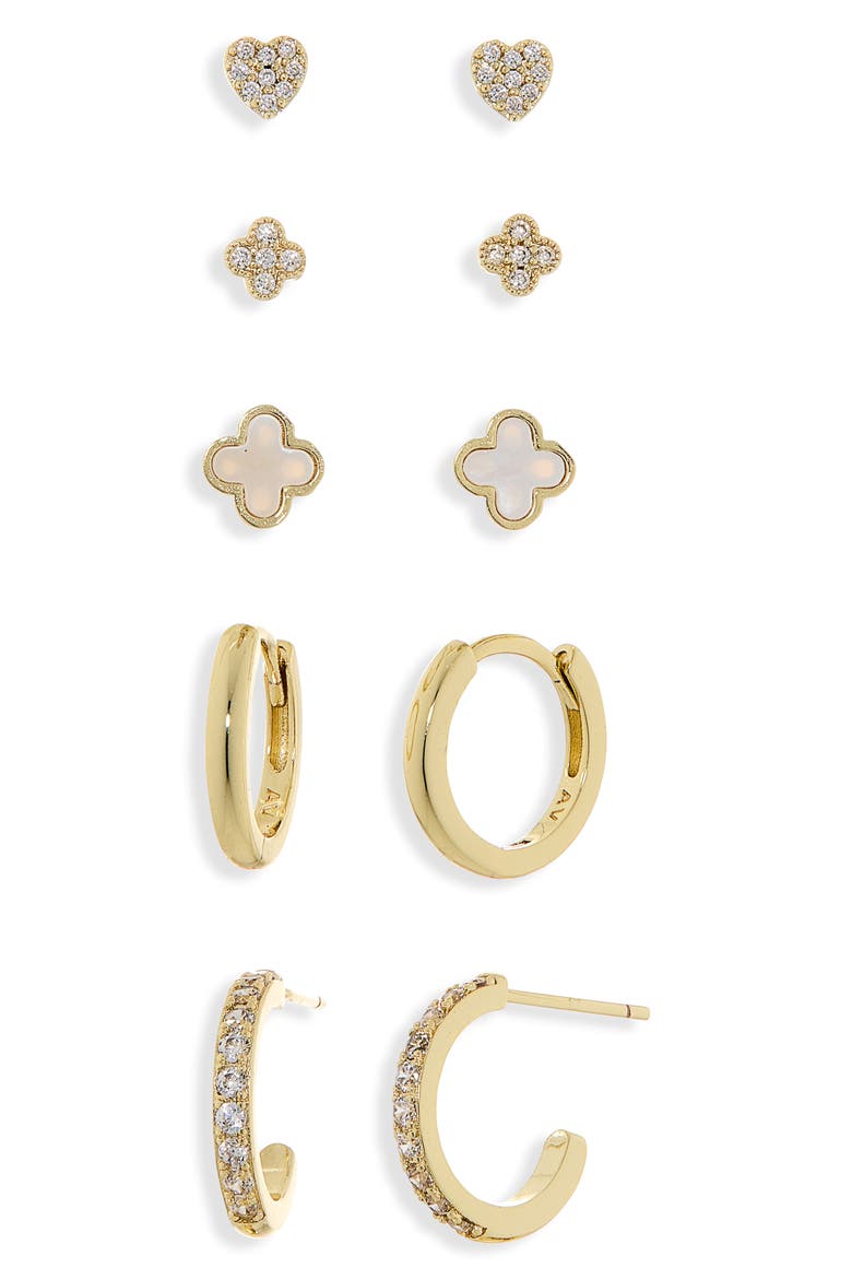 Clover Set of 5 Assorted Stud & Hoop Earrings, Alternate, color, GOLD