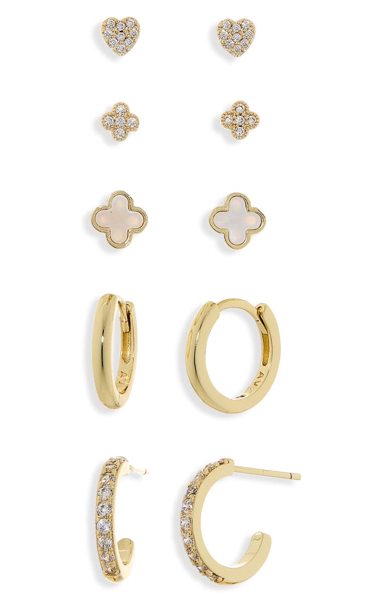 ARGENTO VIVO Clover Set of 5 Assorted Stud & Hoop Earrings, Alternate, color, Gold