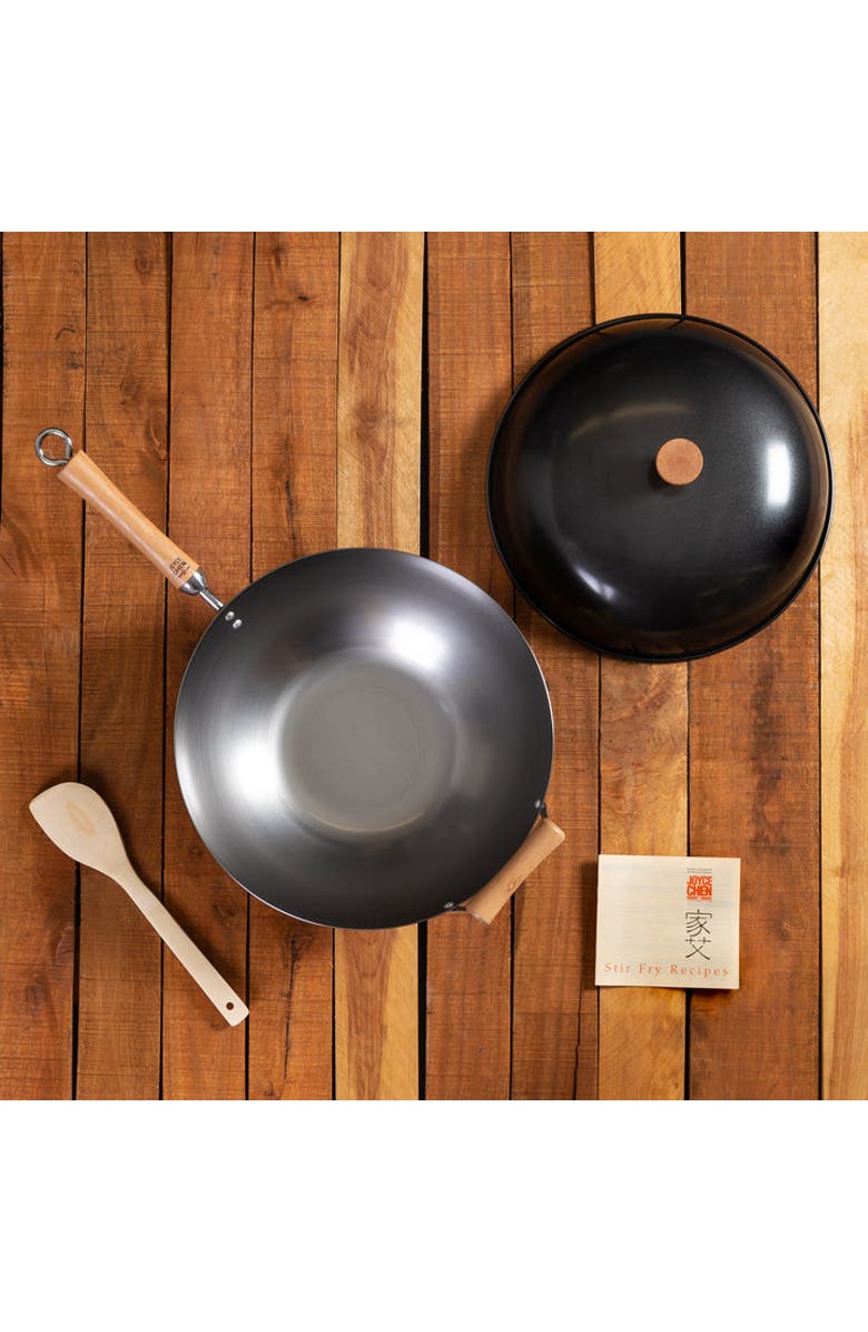 JOYCE CHEN Uncoated Carbon Steel Flat Bottom Wok Set with Lid and Birch Handles, 4 Pieces, Alternate, color, Metallic Silver