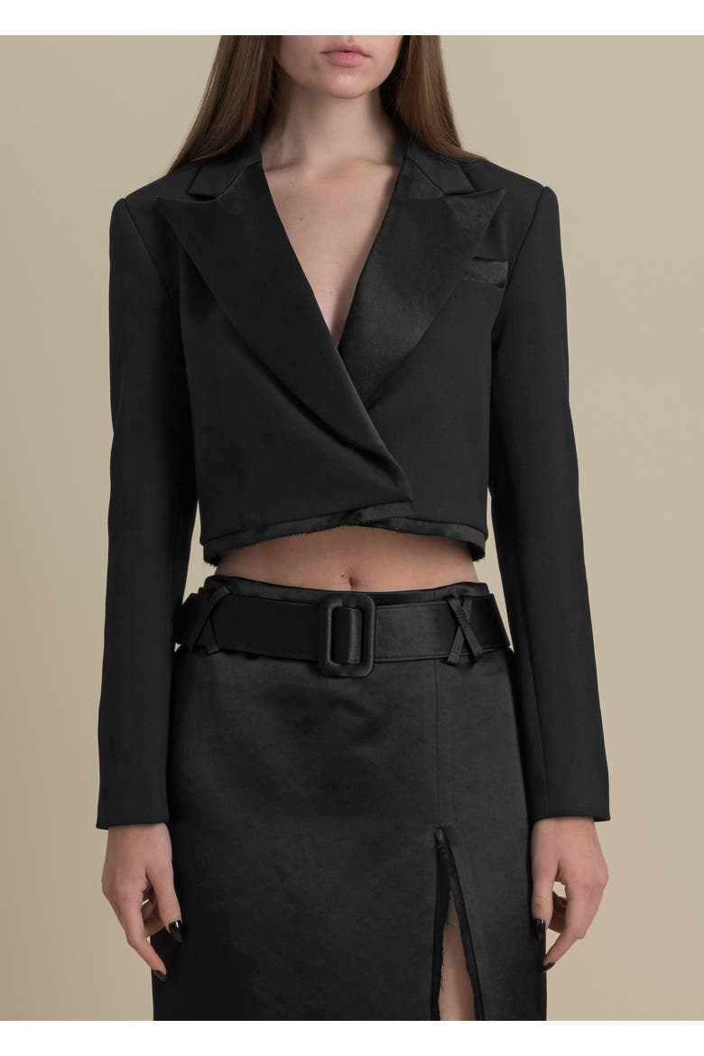 Morgaine Stretch Sateen Structured Refined Cropped Blazer, Main, color, Black