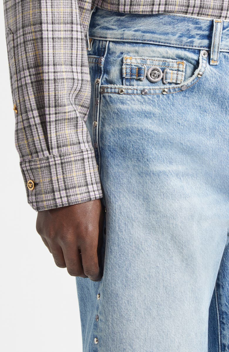 Versace Studded Straight Leg Jeans, Alternate, color, Light Blue