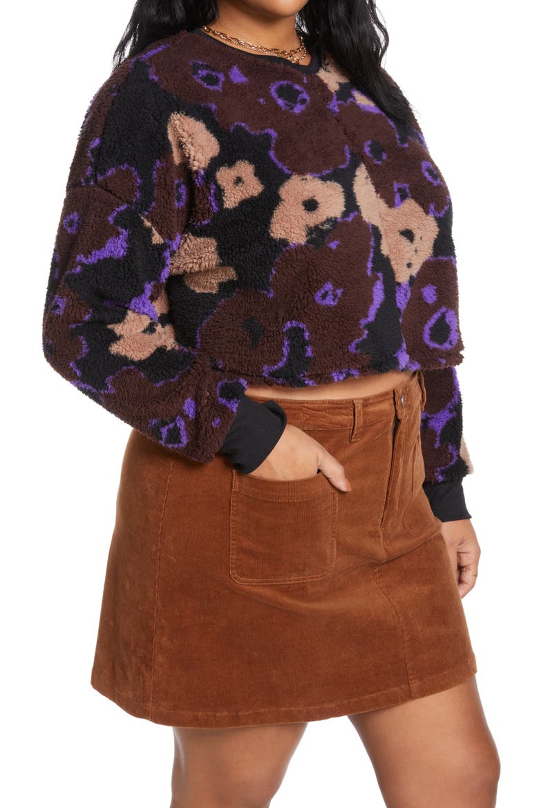 High Pile Fleece Sweatshirt, Alternate, color, BLACK- BROWN PRESSED FLORAL