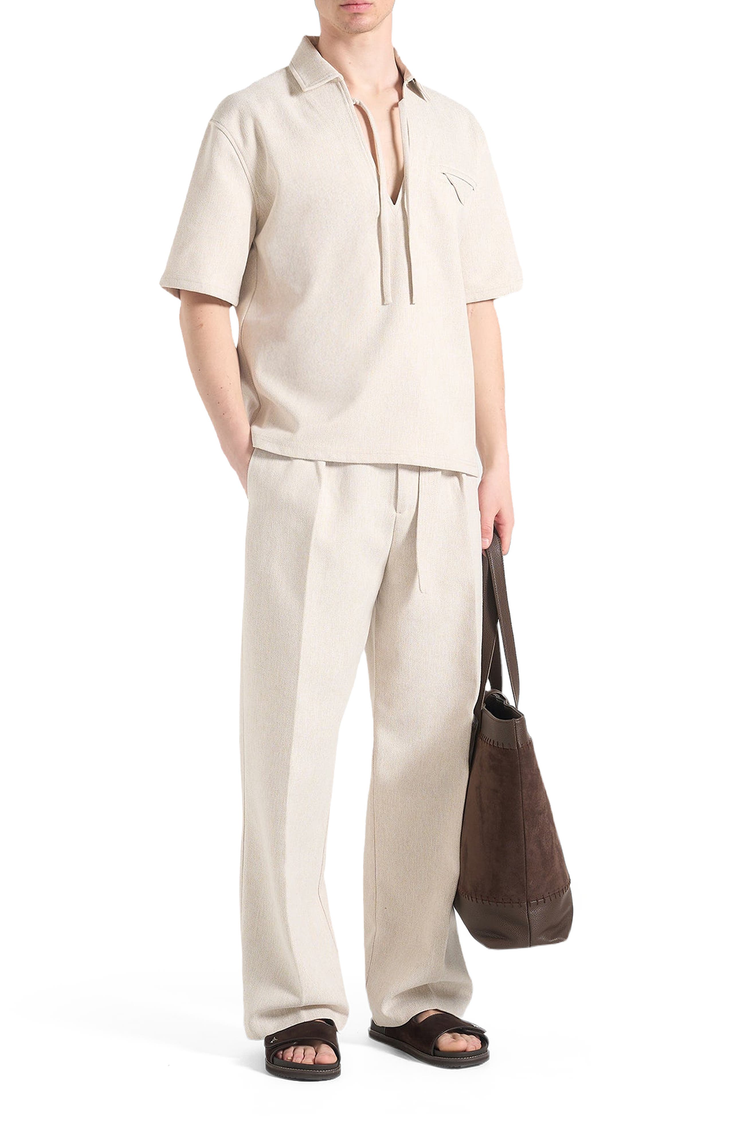 Norbert Open Collar Textured Drawstring Shirt - image 2