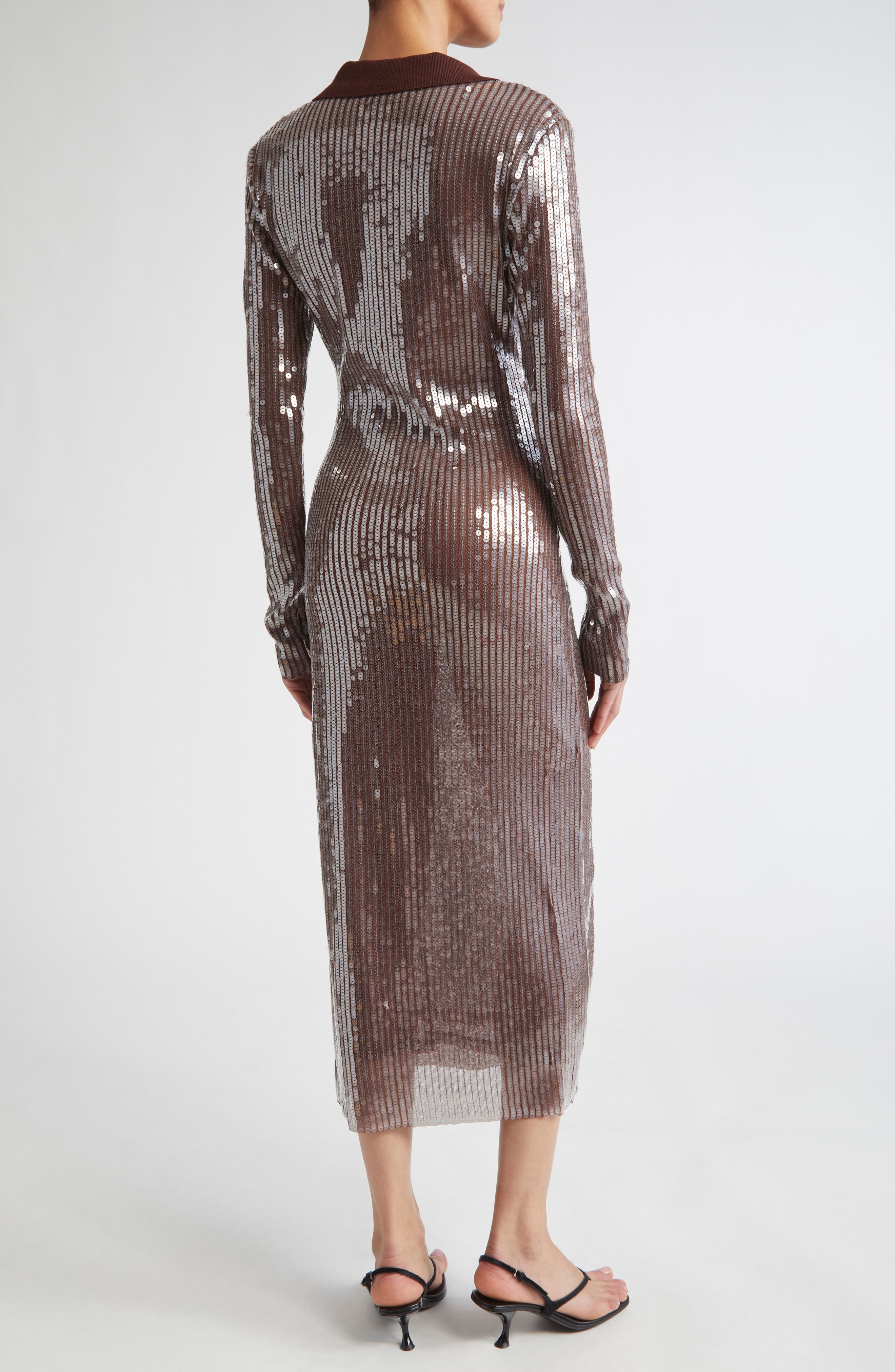 Long Sleeve Sequin Mesh Midi Polo Dress - image 2