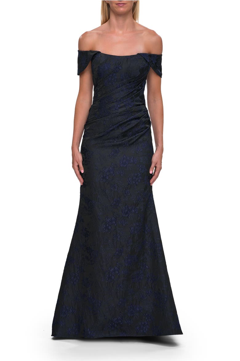 Off-the-Shoulder Jacquard Evening Gown, Main, color, Navy