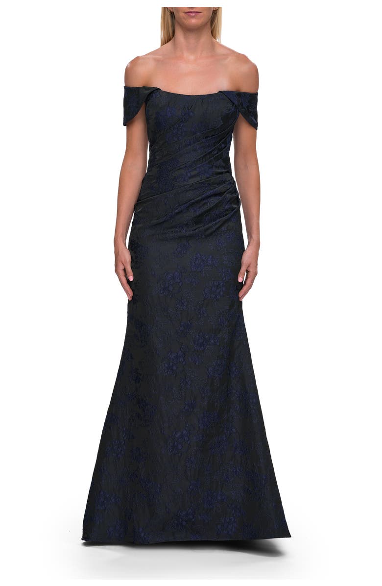 La Femme Off-the-Shoulder Jacquard Evening Gown, Main, color, Navy