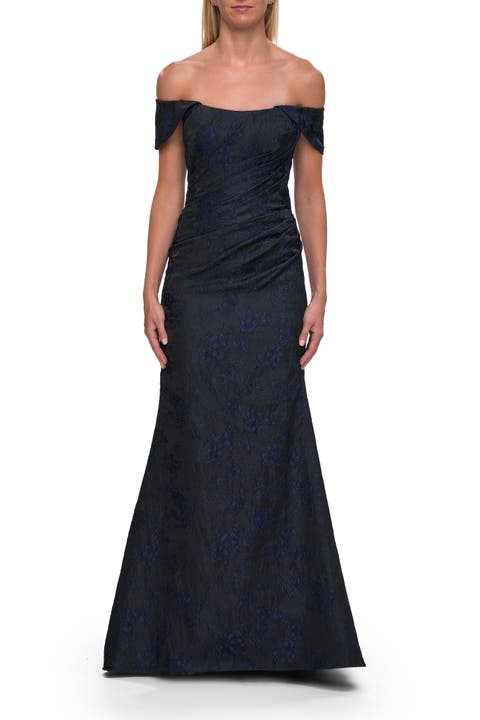 Off-the-Shoulder Jacquard Evening Gown