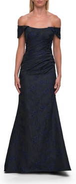 La Femme Off-the-Shoulder Jacquard Evening Gown