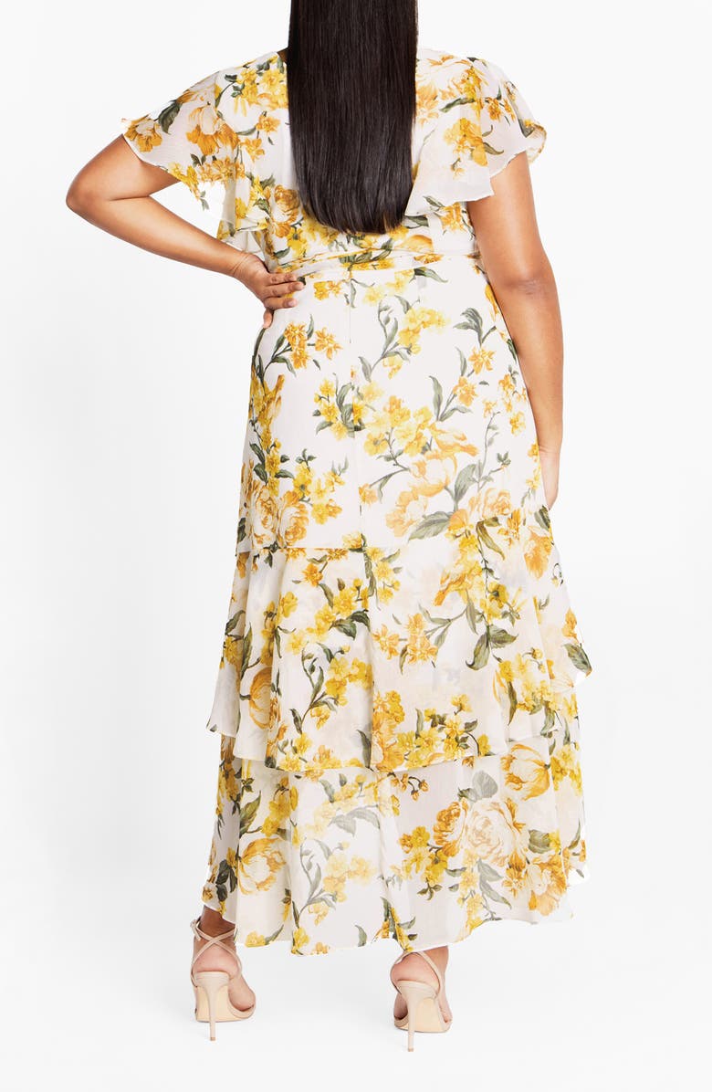 City Chic Floral Faux Wrap Tiered Midi Dress, Alternate, color, Yellow Floral